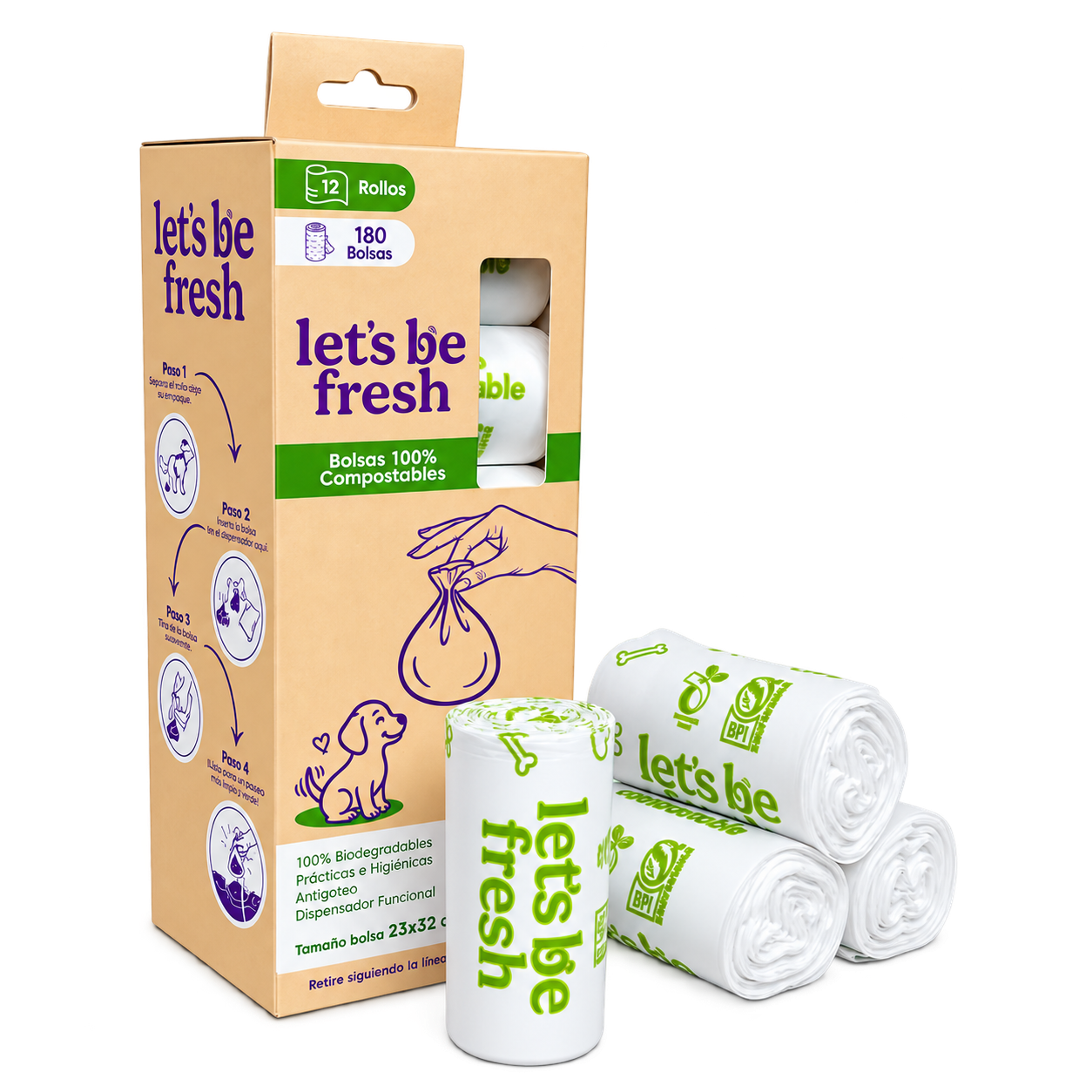 Let's Be Fresh, bolsas compostables, presentación de 12 rollos