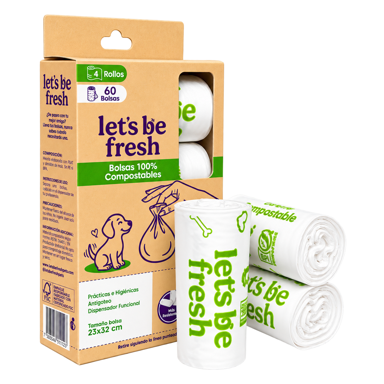 Let's Be Fresh, bolsas compostables, presentación de 4 rollos